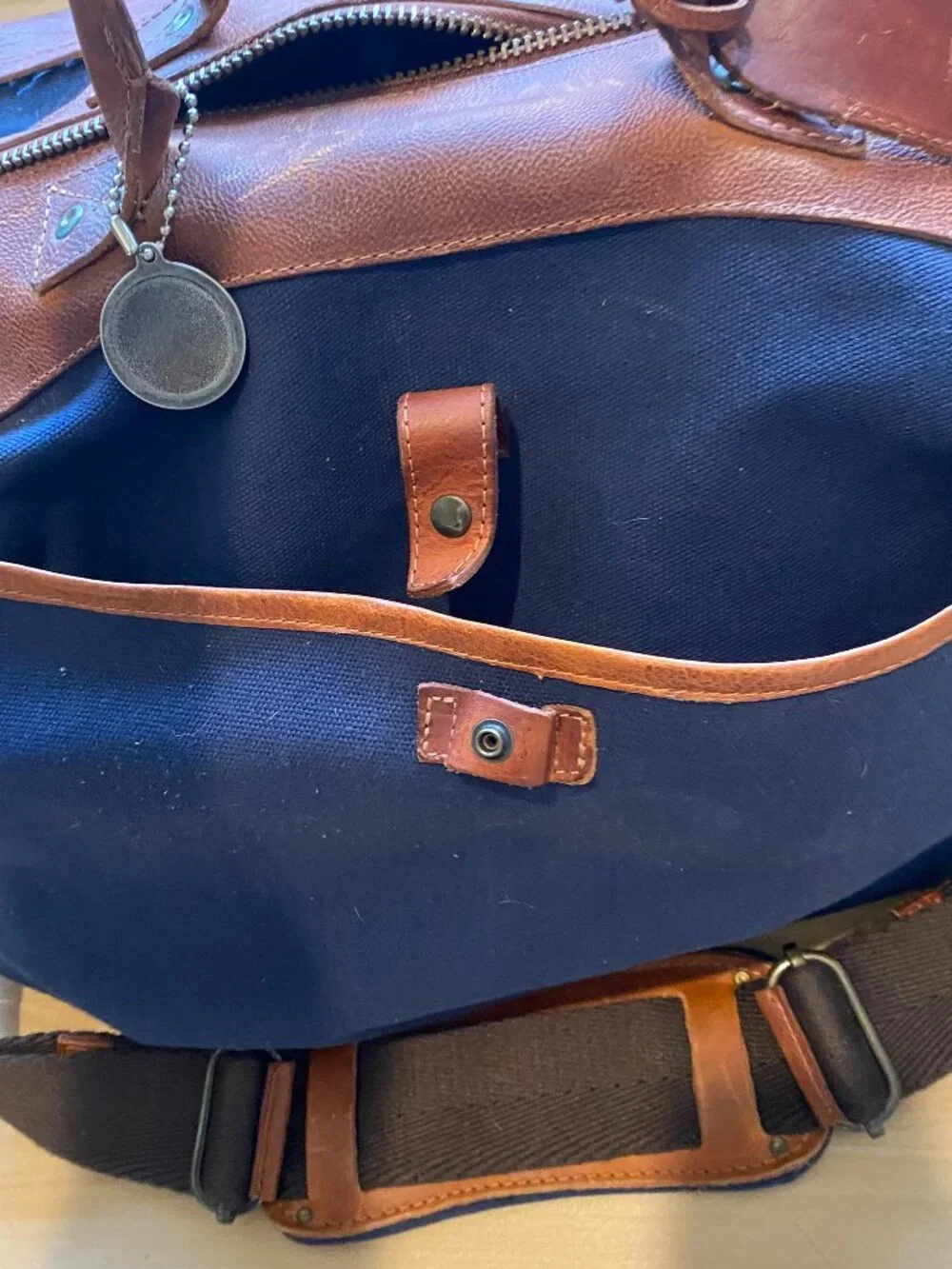 Huckberry Will Leather Good Traveler Duffle Navy Tan With Strap and Luggage Tag